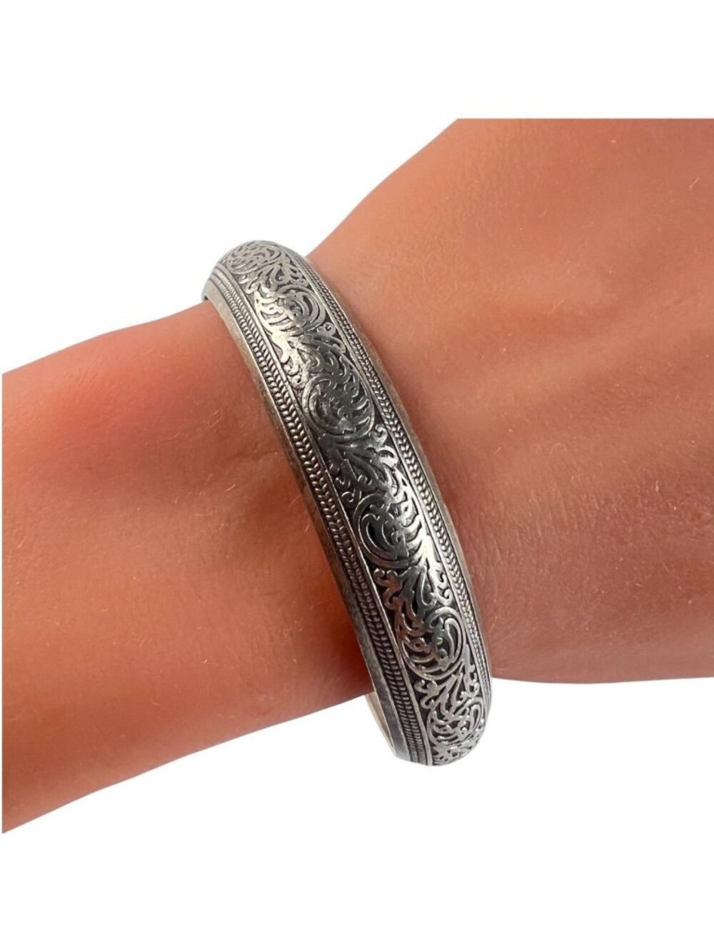 Ornate Silver Tone Cuff Bracelet, Scrollwork Open Bangle
